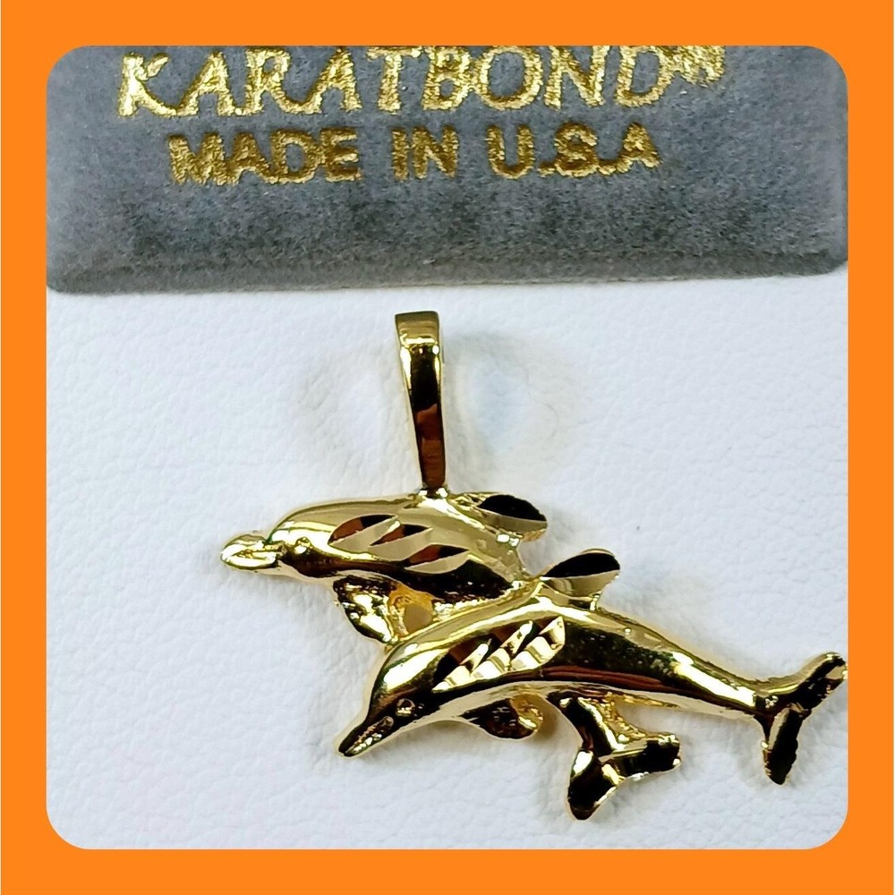 Karatbond Gold Vintage Y2K Double‎ Dolphin Necklace Pendant Diamond Cut Made USA